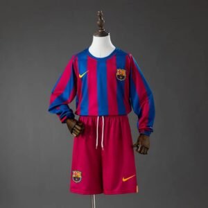 barcelona 05 06 home la liga retro long sleeve kids kit jersey 001